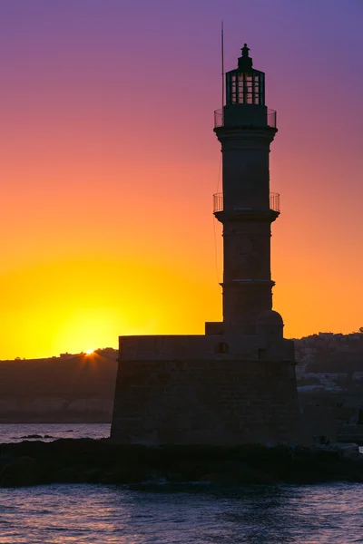 Lighthouse at sunrise, Chania, Crete, Greece — Stock Photo, Image