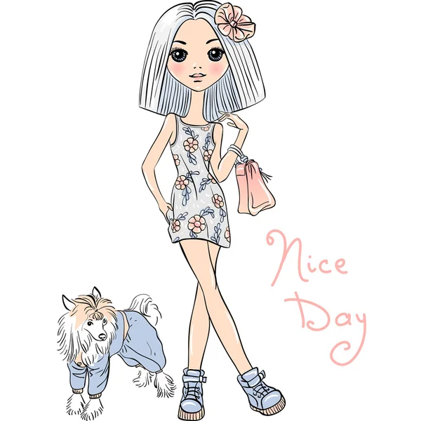 Vecteur mignon fille de la mode avec chien — Image vectorielle