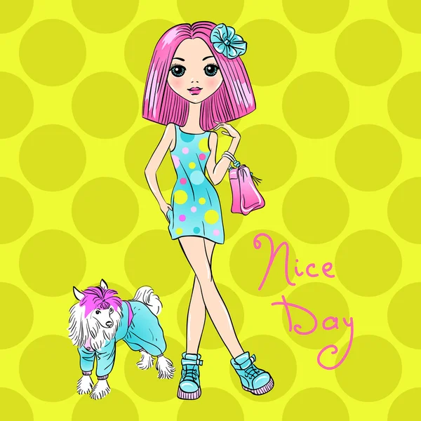 Vector Pop Art mignonne fille de la mode avec chien — Image vectorielle