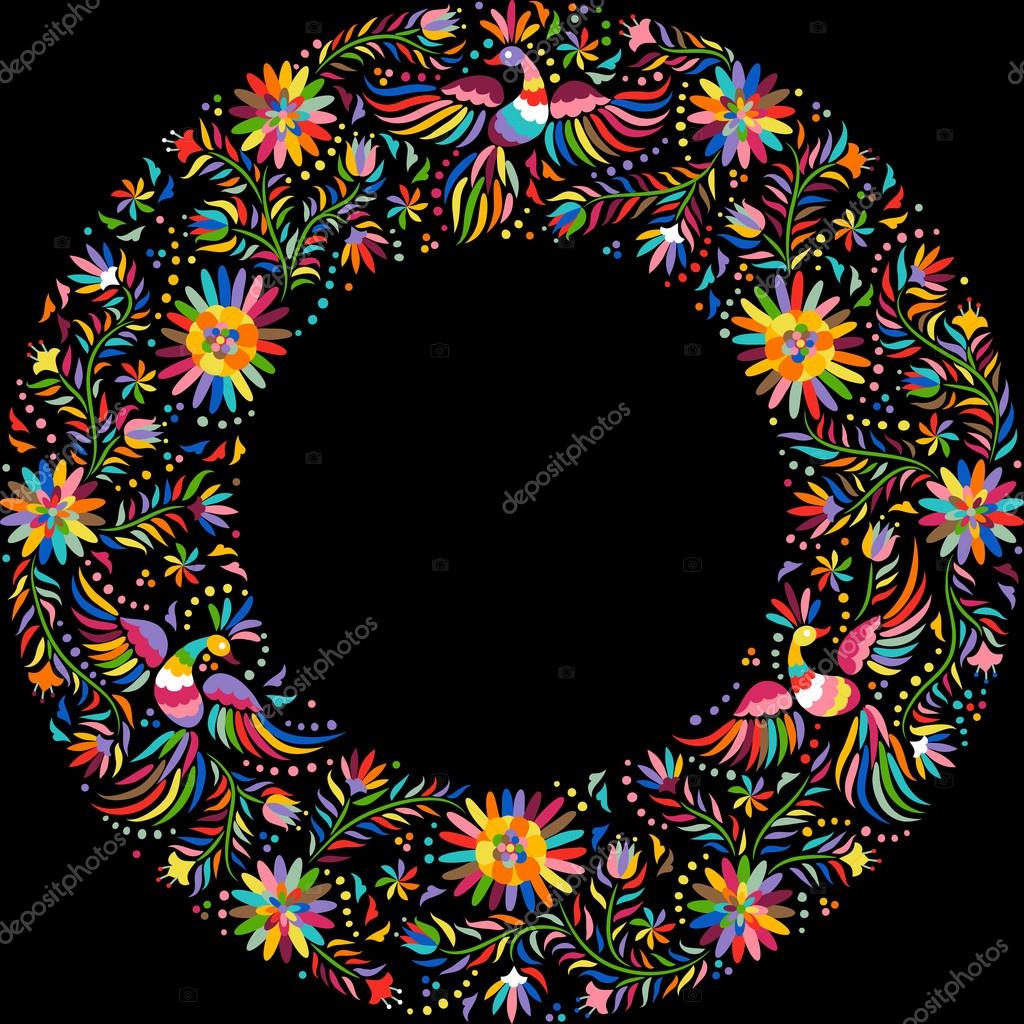 Vector Mexican embroidery round frame pattern — Stock Vector © olgacov