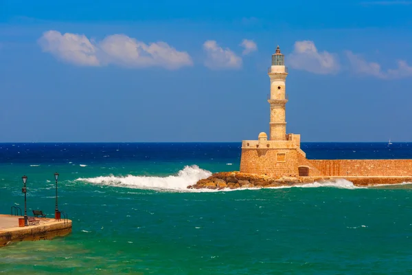 Lighthouse in old harbour, Chania, Crete, Greece — Stock Photo, Image
