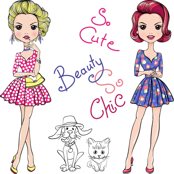 Vector Pop Art meninas de moda bonito com cão e gato — Vetor de Stock