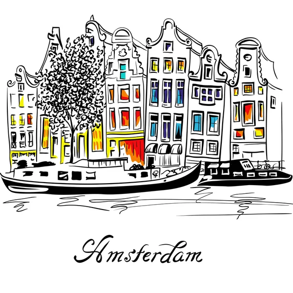Vector Amsterdam canal and typical dutch houses — Stock Vector
