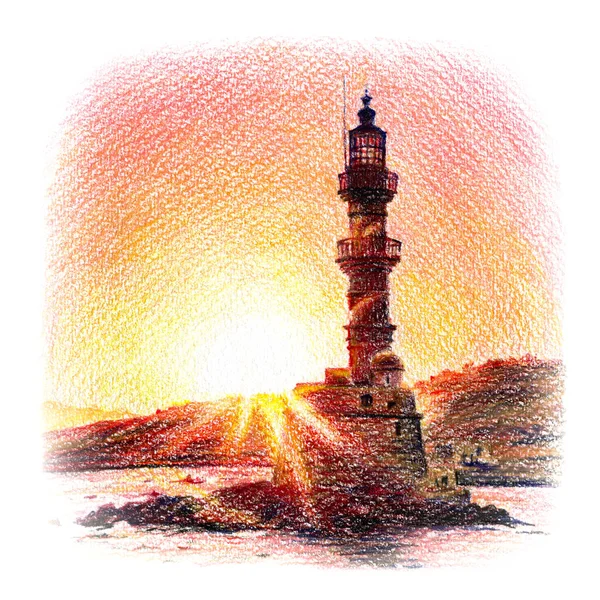 Faro al atardecer, Chania, Creta, Grecia — Foto de Stock