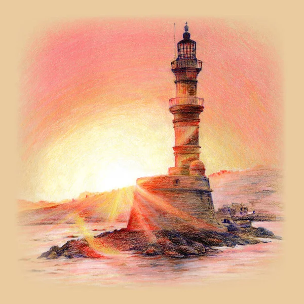 Lighthouse at sunset, Chania, Crete, Greece — Stock Photo, Image