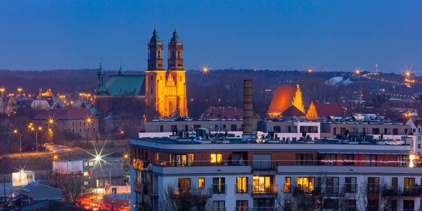 Poznan 'ın gün batımındaki hava görüntüsü, Polonya — Stok fotoğraf
