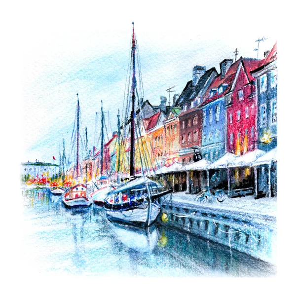 Dibujo de lápices de acuarela de Nyhavn, Copenhague, Dinamarca. — Foto de Stock