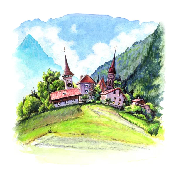 Aquarell Interlaken, Schweiz — Stockfoto