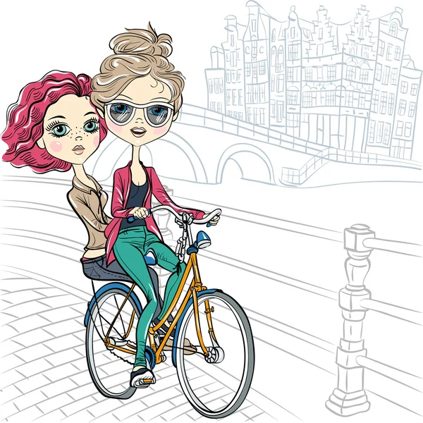 Vector filles mignonnes sur le vélo à Amsterdam — Image vectorielle