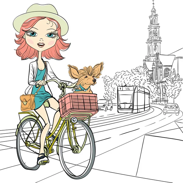 Vector bonito menina com cão na bicicleta em Amsterdã — Vetor de Stock