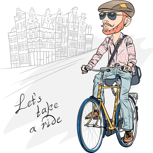 Vecteur branché hipster barbu gars sur un vélo — Image vectorielle