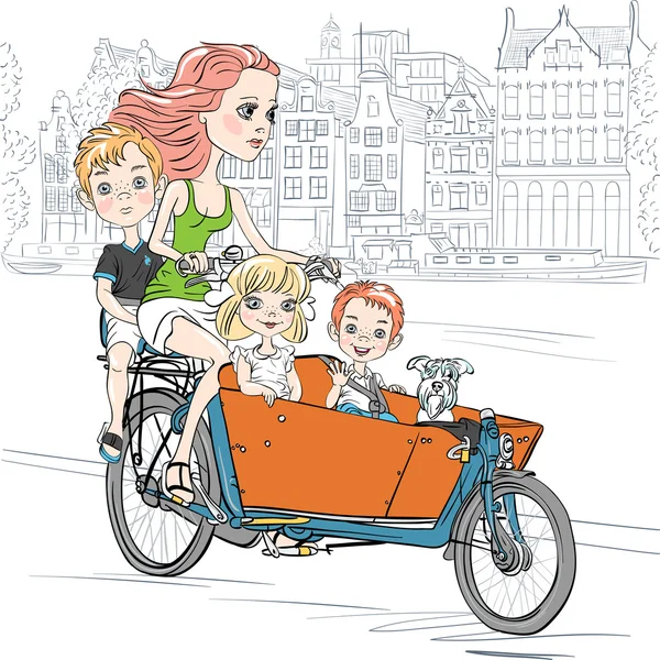 Vektor schöne Mädchen trägt Kind auf dem Fahrrad in Amsterdam — Stockvektor