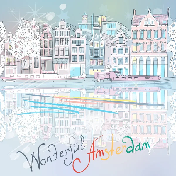 Vecteur Noël Canal d'Amsterdam et maisons typiques — Image vectorielle