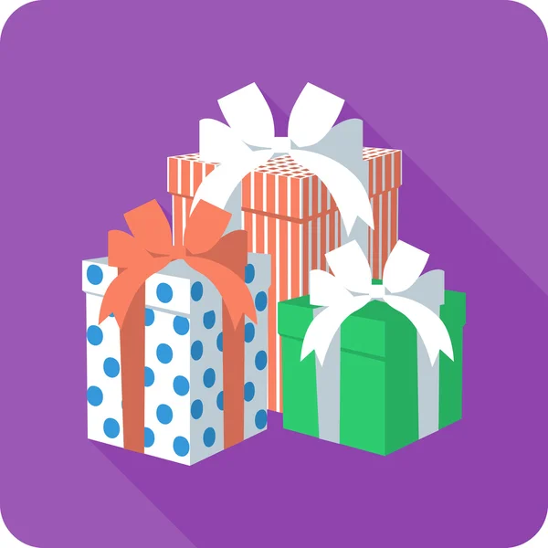 Vector caja de regalo icono plano con lazo de cinta — Vector de stock