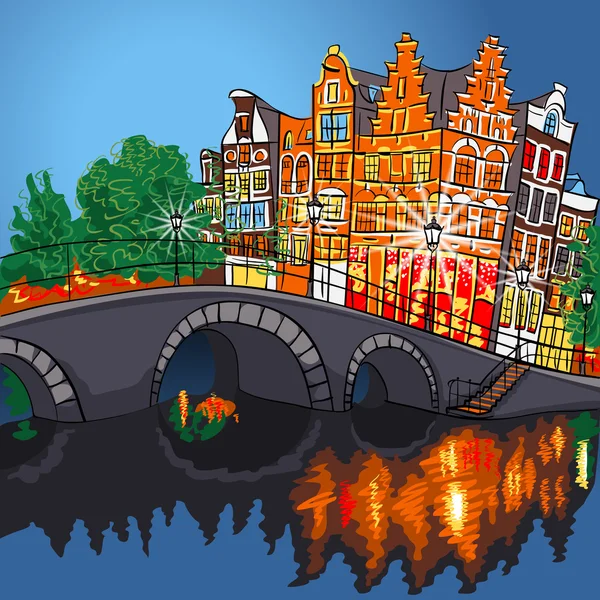 Vector noche vista de la ciudad de Amsterdam canal y puente — Vector de stock