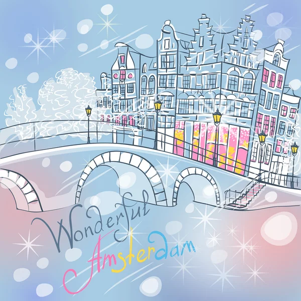 Vector Christmas Amsterdam canal and typical houses — Stock Vector