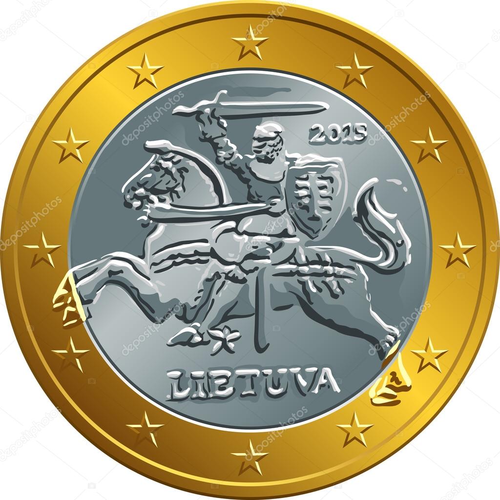 Vector lithuanian euro gold money coin, equestrian knight with sword raised, Pahonia