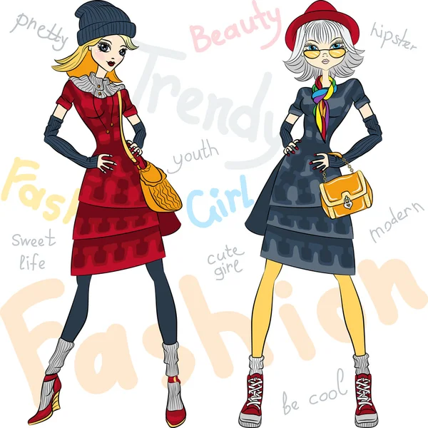 Vector beautiful fashion girls top models — Stock Vector