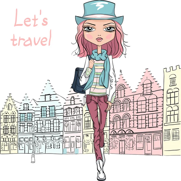 Vector beautiful fashion girl in Bruges — Stock Vector