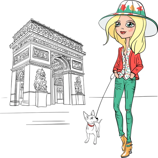 Vector beautiful fashion girl in Paris — Stock Vector