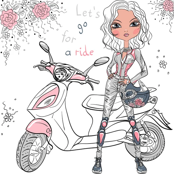 Vector linda chica con scooter — Vector de stock