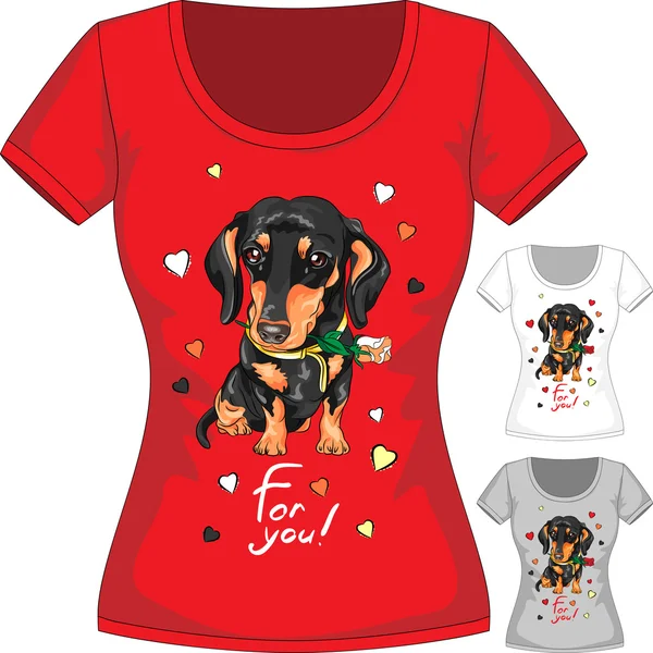 Vector T-shirt with dachshund and flower — Stock Vector