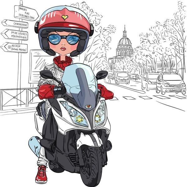 Vector bonito menina em uma scooter em Paris — Vetor de Stock