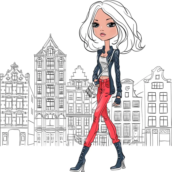 Vector beautiful fashion girl in Amsterdam Vector Graphics