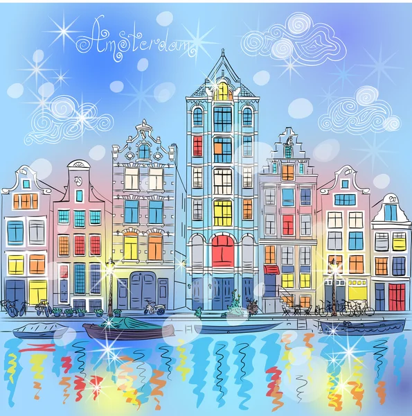 Vector Christmas Amsterdam canale e case olandesi — Vettoriale Stock