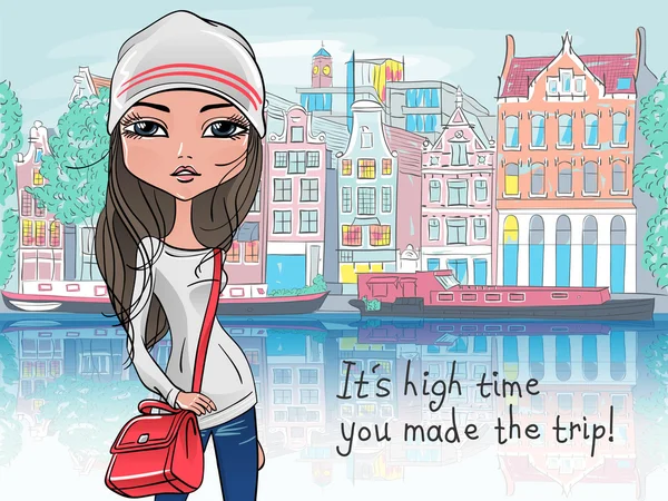 Vector beautiful fashion girl in Amsterdam Stock Vector