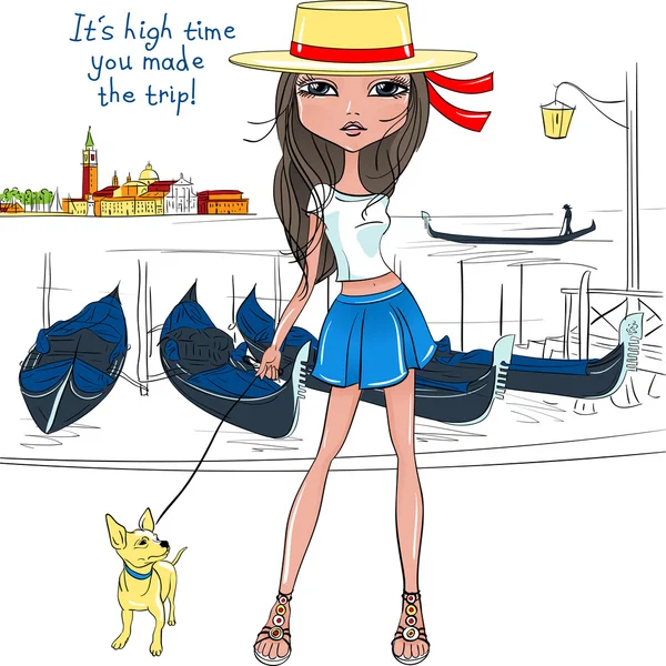 Vector lovely fashion girl with dog in Venice — 图库矢量图片