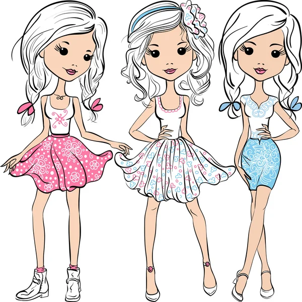 Vector set fashion cute happy girls — Stock Vector