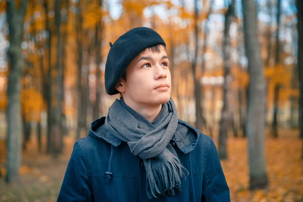 Serious teenage boy in the autumn sunny park — Stock Photo, Image