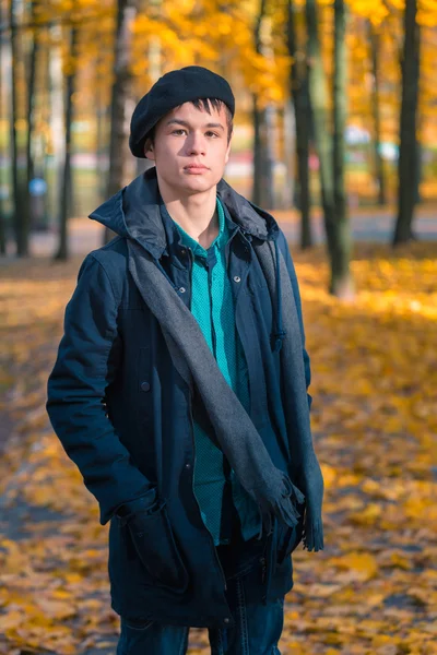 Serious teenage boy in the autumn sunny park — Stock Photo, Image
