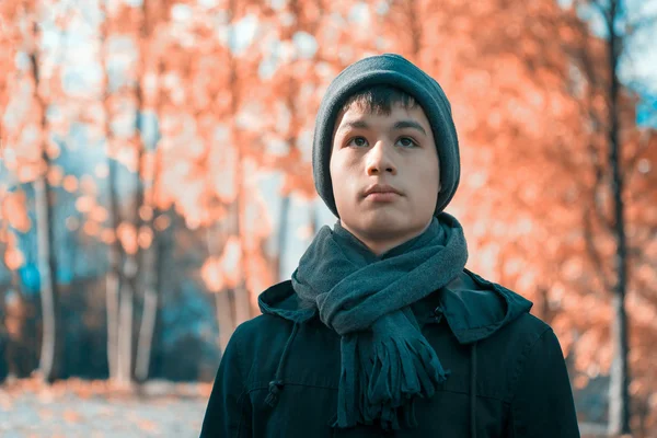 Adolescent sérieux dans le parc ensoleillé d'automne — Photo