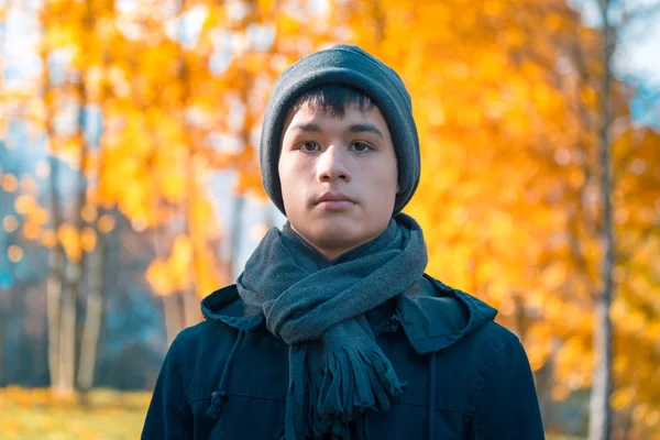 Serious teenage boy in the autumn sunny park — Stock Photo, Image