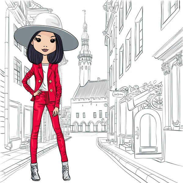 Vector beautiful fashion girl in costume and hat — Stock Vector