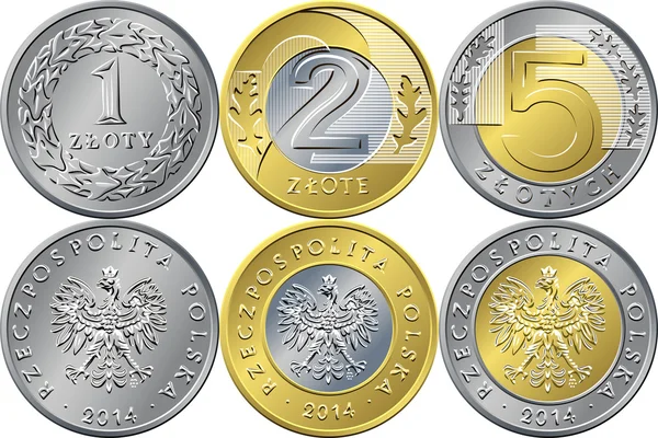 Set polnische Ein-, Zwei- und Fünf-Zloty-Münzen — Stockvektor