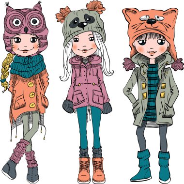 Vector set cute girls in funny hats clipart