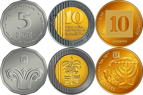 设置以色列银钱谢克尔硬币 — 图库矢量图片