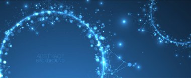 Soyut vektör arkaplanı, bilimsel yön, üzerinde parlak daireler ve kaotik noktalar var.. 