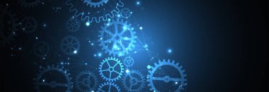 Soyut mavi teknolojik arka plan. Yapı kare desenli, dişli dişli ve pleksus efektli. Vektör