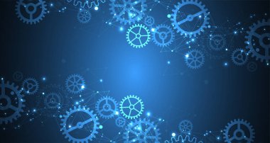 Soyut mavi teknolojik arka plan. Yapı kare desenli, dişli dişli ve pleksus efektli. Vektör