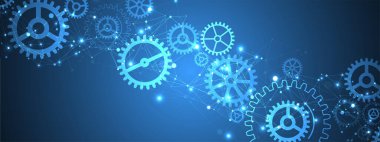 Soyut mavi teknolojik arka plan. Yapı kare desenli, dişli dişli ve pleksus efektli. Vektör