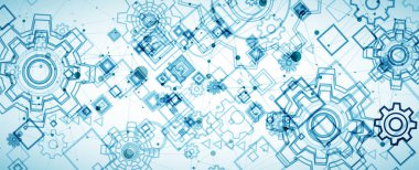 Soyut mavi teknolojik arka plan. Yapı kare desenli, dişli dişli ve pleksus efektli. Vektör