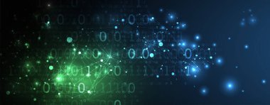 Pleksus etkisi olan teknoloji geçmişi. Büyük veri konsepti. İkili bilgisayar kodu. Vektör illüstrasyonu.