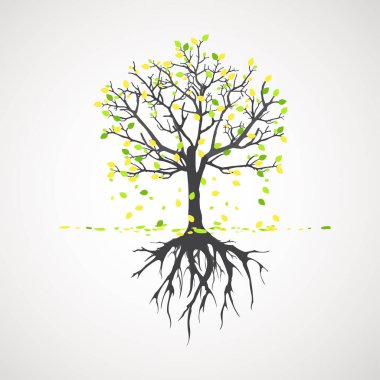 Kökleri olan soyut bir ağaç. Vektör çizgisi çizimi. Bahçede Bitki.