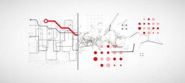 Teknolojik ve bilimsel konularda soyut bir geçmiş. Metnin altında yer alan çeşitli teknolojik detaylarla pleksus etkisi. Vektör biçimi.