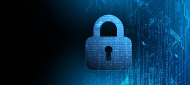 Bilgi güvenliği konusunda soyut teknolojik altyapı. Taslağın ortasında rakamlar olan soyut kilit simgesi.