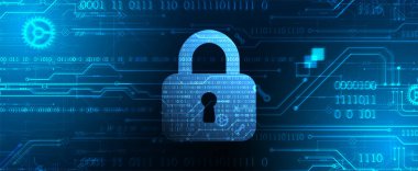 Bilgi güvenliği konusunda soyut teknolojik altyapı. Taslağın ortasında rakamlar olan soyut kilit simgesi.